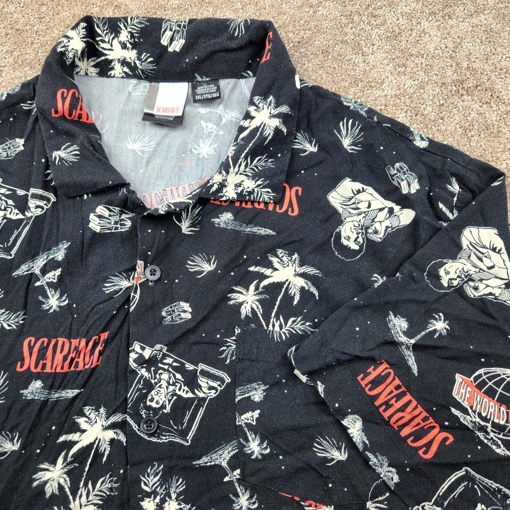 Mens Scarface Tony Montana All Over Print Hawaiian Shirt Black 3XL Button Up